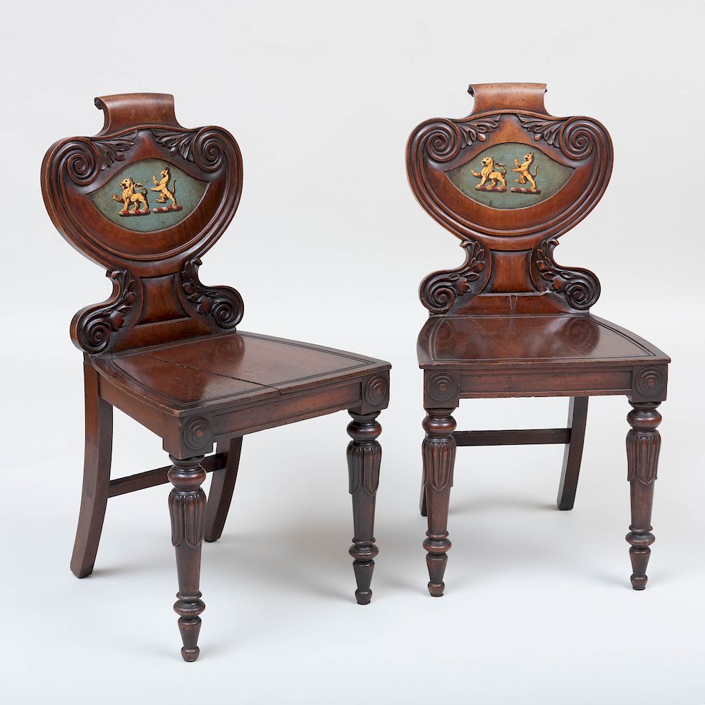 Appraisal: Pair of William IV Carved Mahogany and Painted Hall Chairs