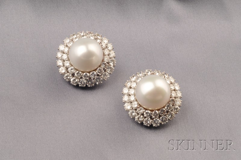 Appraisal: Platinum South Sea Pearl and Diamond Earclips Harry Winston each