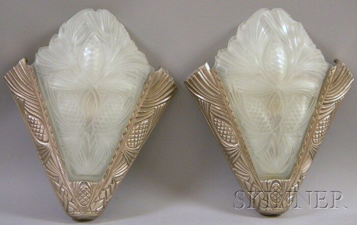 Appraisal: Pair of Art Deco-style Sconces V-shape frosted relief-decorated glass in