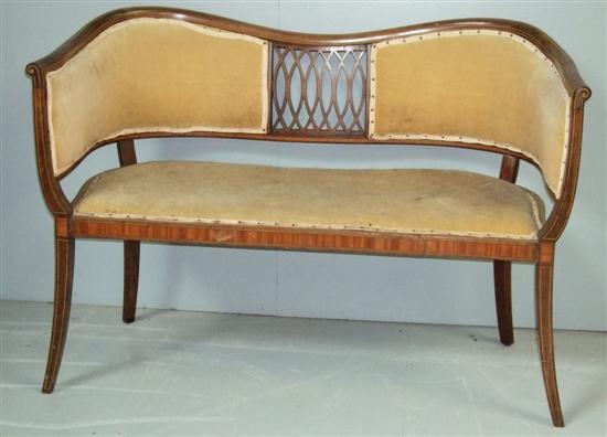 Appraisal: Edwardian walnut upholstered love seat with boxwood line inlay and