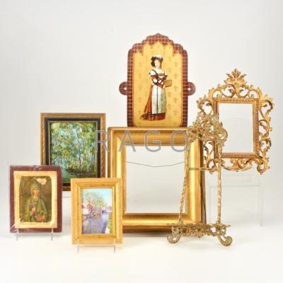 Appraisal: FRAMED DECORATIVE ITEMS th c Seven pieces two small oils