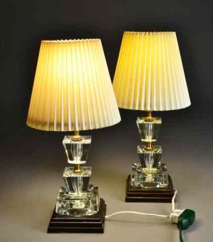 Appraisal: PRESSED GLASS LAMPS WITH SHADEMatching pair of stepped pressed glass