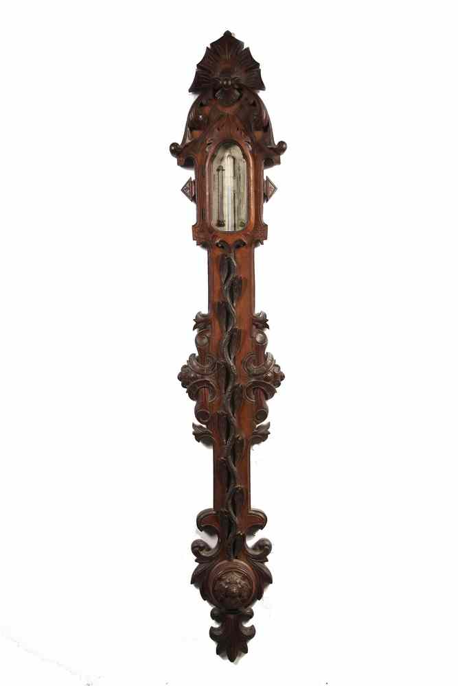 Appraisal: VICTORIAN CARVED WALNUT BAROMETER - Stick Barometer with Thermometer Alongside