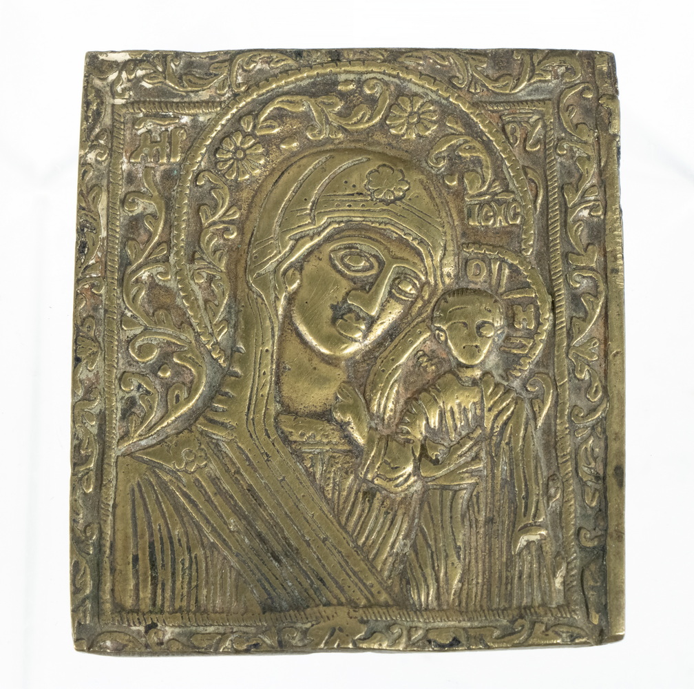 Appraisal: RUSSIAN BRONZE ICON Small Cast Bronze Icon depicting Our Lady