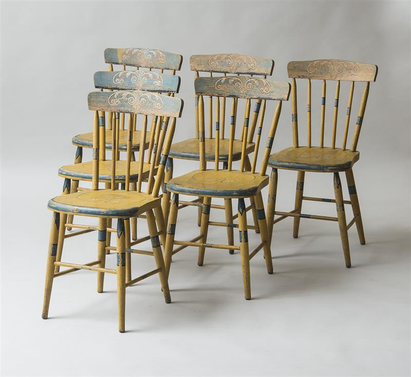 Appraisal: SET OF SIX AMERICAN PAINTED SIDE CHAIRS Painted with stylized