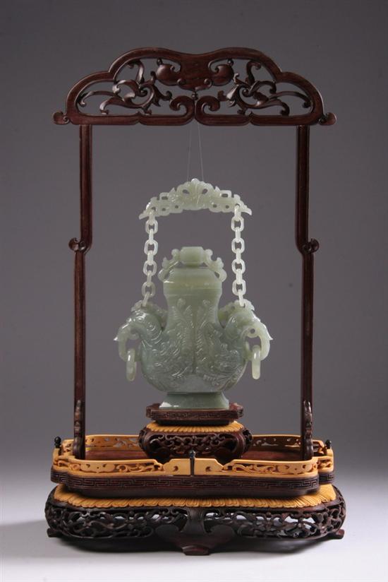 Appraisal: CHINESE JADE VASE AND COVER With carved wood stand -