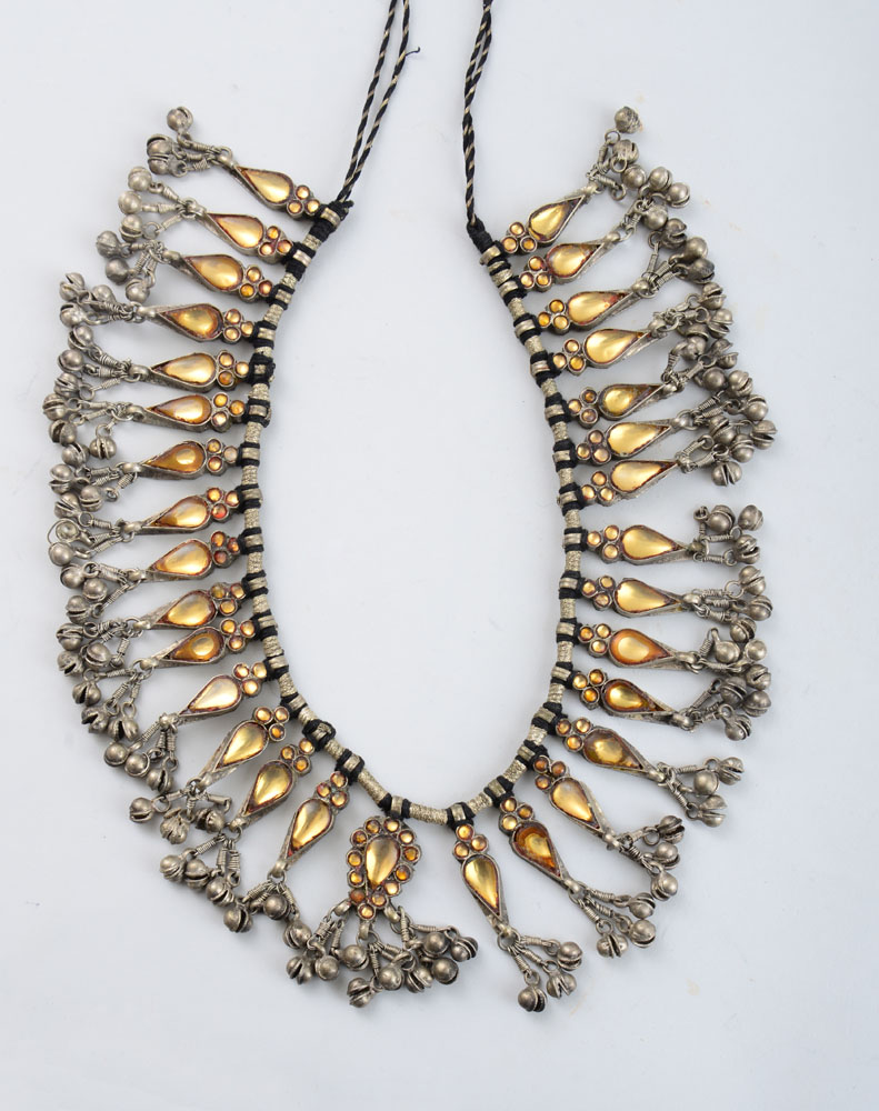 Appraisal: GLASS-MOUNTED SILVERED METAL NECKLACE With tear-drop yellow-ground glass mounts and