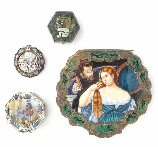 Appraisal: A collection of four enamel micro-mosaic inlay and silver boxes