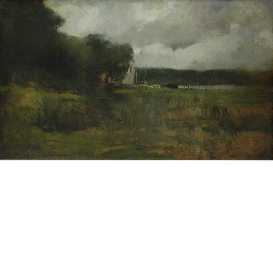 Appraisal: Follower of George Inness Landscape with Boats and Water in