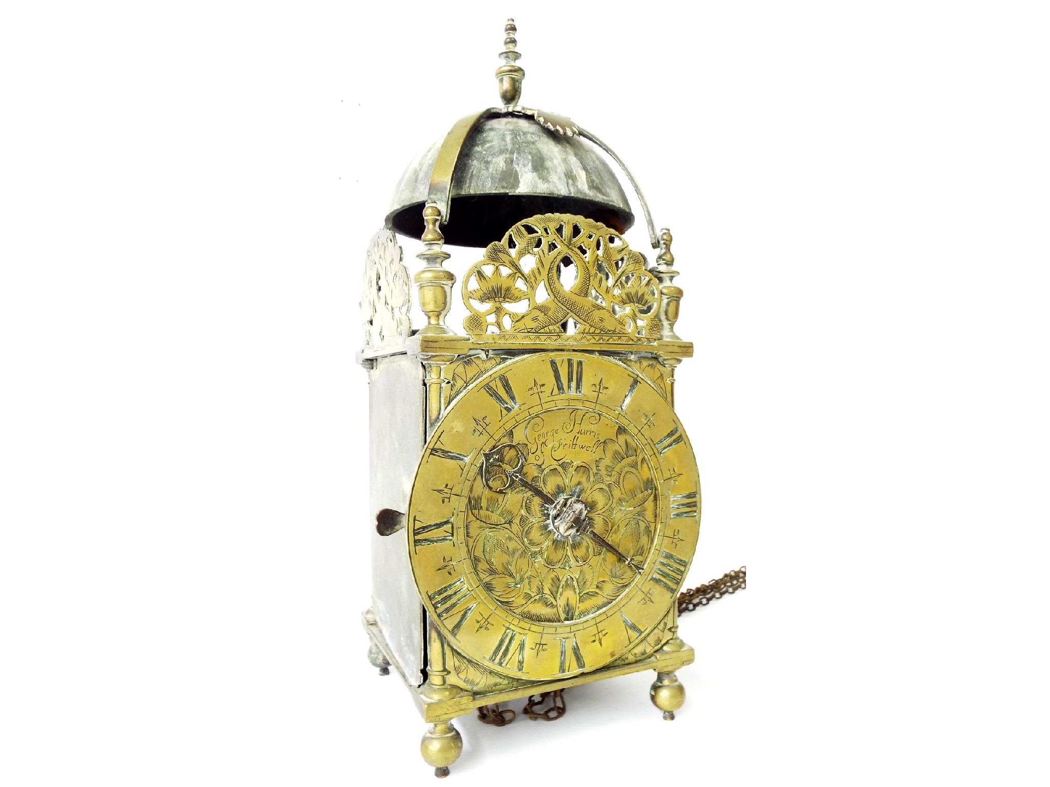 Appraisal: English hook and spike brass lantern clock signed George Harris