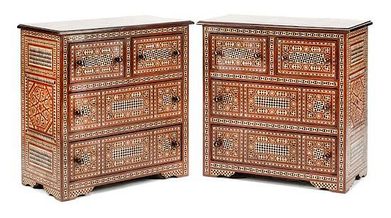 Appraisal: A Pair of Moorish Style Marquetry Chests of Drawers Height