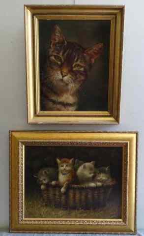 Appraisal: Two Oils of Cats Carolyn DROGE Oil on Paneland a