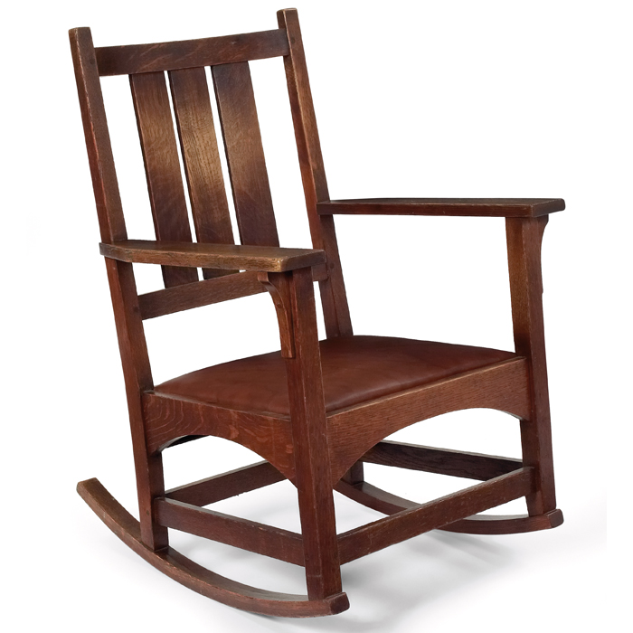 Appraisal: Gustav Stickley rocker Harvey Ellis influenced form with three vertical