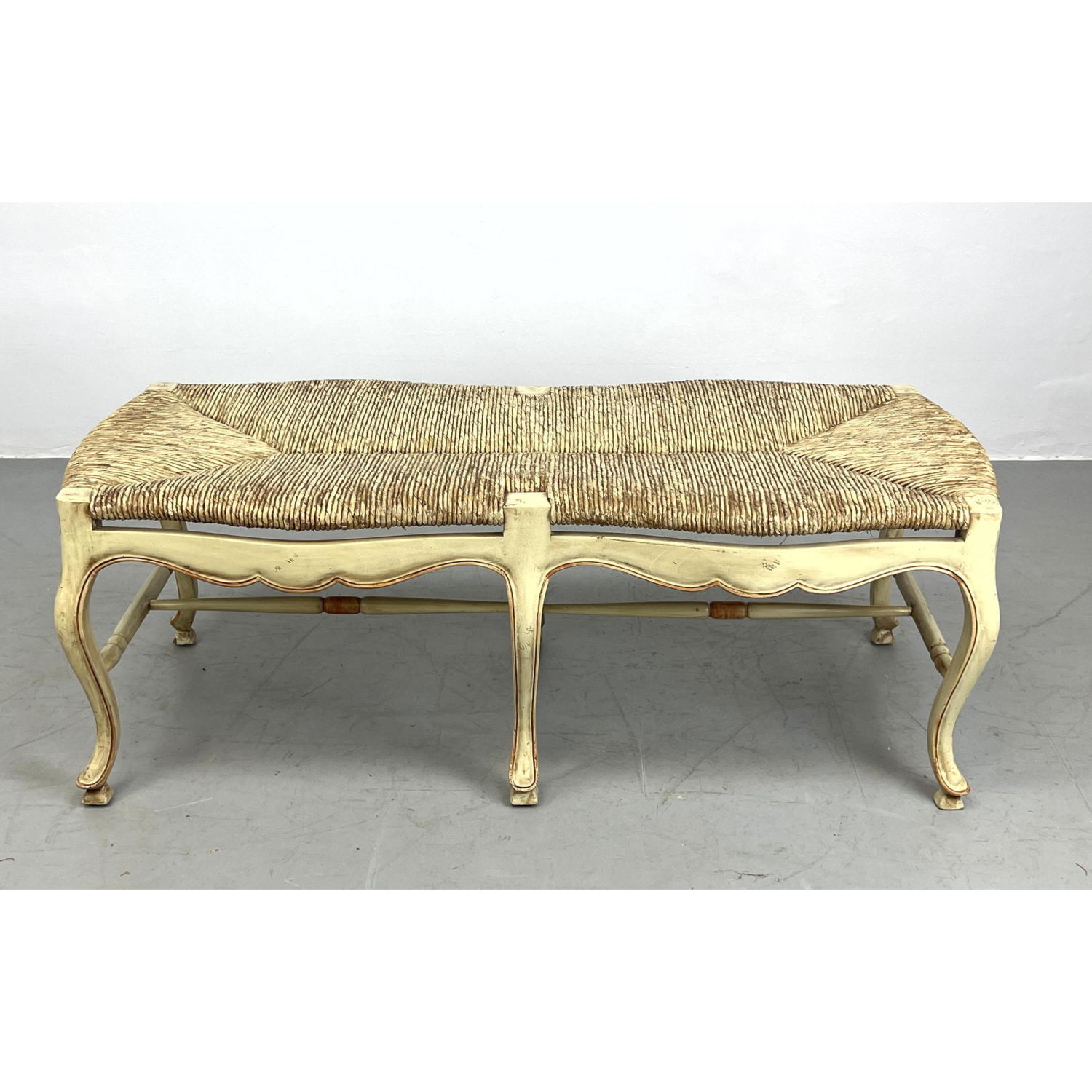 Appraisal: Country French Rush Top Long Bench Cream finish Dimensions H