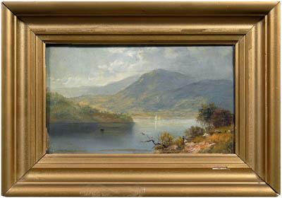 Appraisal: Hudson river scene mountains with river and sailboats figure on