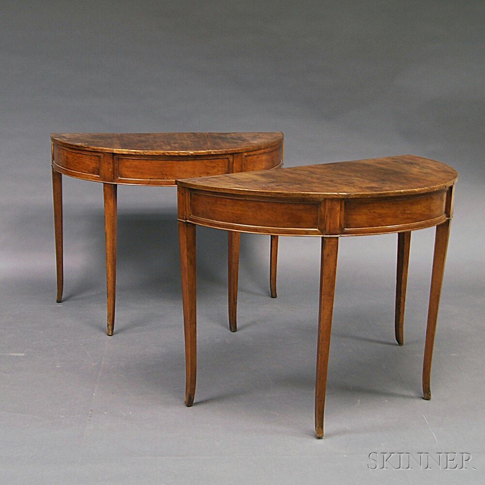 Appraisal: Pair of Continental Fruitwood Demilune Tables Europe th century the