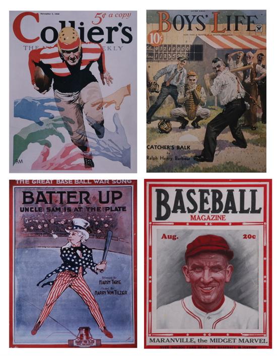 Appraisal: GROUP OF FOUR BASEBALL AND FOOTBALL COLORFUL COVER PRINTS Shown