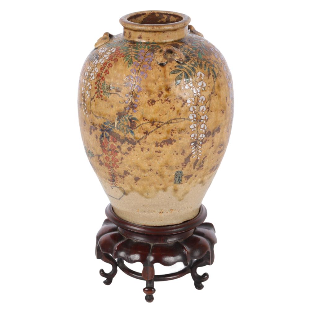 Appraisal: JAPANESE EARTHENWARE POTTERY JAR SIGNED AFTER NINSEI WITH WISTERIA ENAMEL