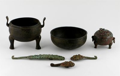 Appraisal: A Chinese bronze bowl inscribed with symbols two bronze tripod