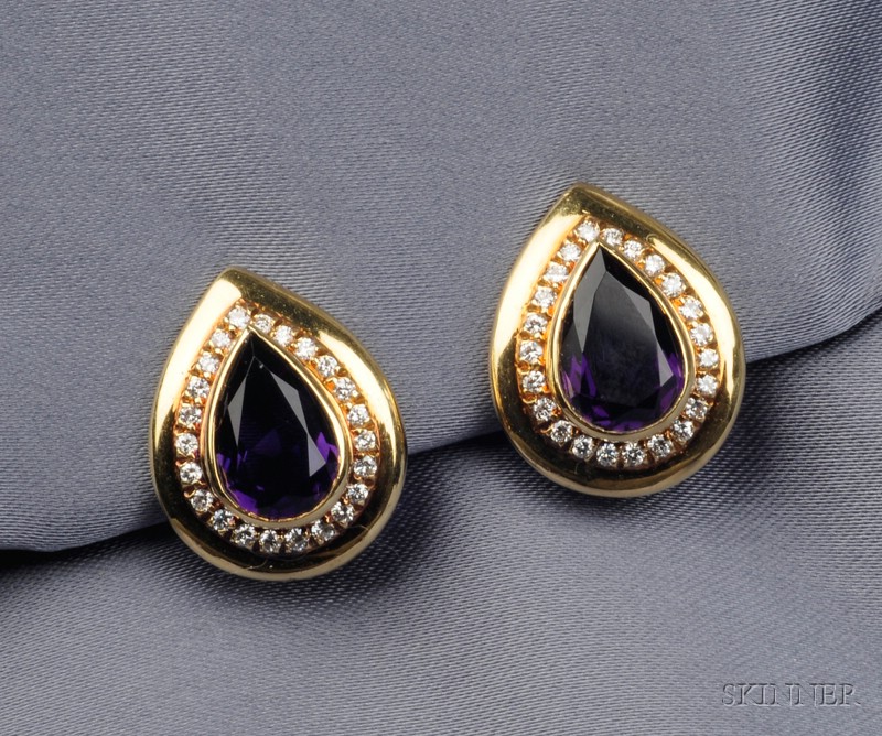 Appraisal: kt Gold Amethyst and Diamond Earclips Sabbadini each bezel-set with