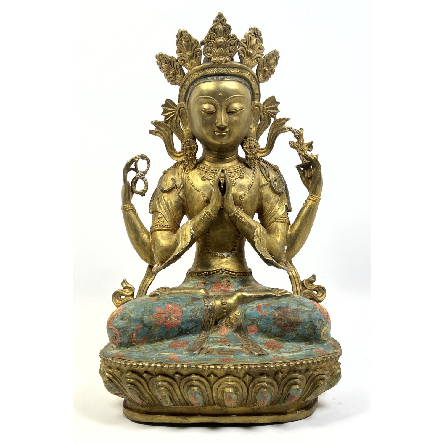 Appraisal: Gilt Bronze Asian Goddess seated on Enameled Lotus Base Dimensions