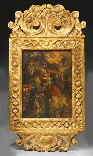 Appraisal: A Spanish Colonial retablo of St Rosa de Lima oil