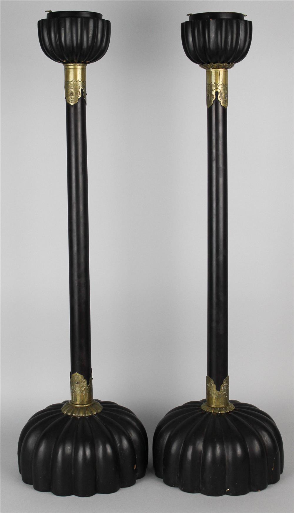 Appraisal: PAIR OF JAPANESE BLACK LACQUER AND GILT-BRONZE MOUNTED CANDLESTICKS with