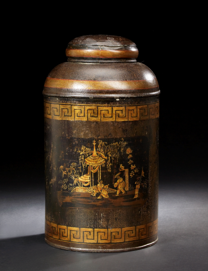 Appraisal: Tall English Black-Painted Tole Tea Canister third quarter th century