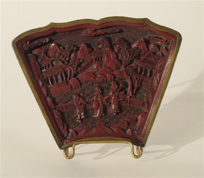 Appraisal: Chinese metal bound and carved cinnabar lacquer fan-form tray th