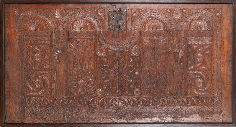 Appraisal: CONTINENTAL CARVED OAK COFFER FRAGMENT PROBABLY NORTHERN EUROPEAN The rectangular