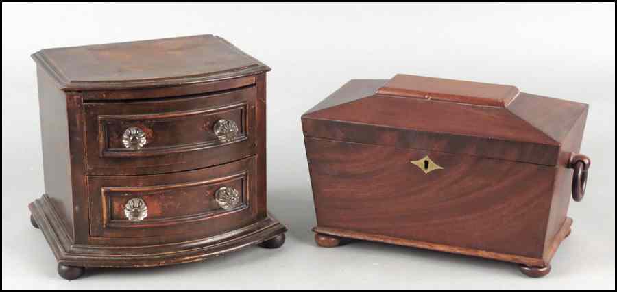 Appraisal: ENGLISH MAHOGANY TEA CADDY AND A TWO DRAWER CHEST Condition