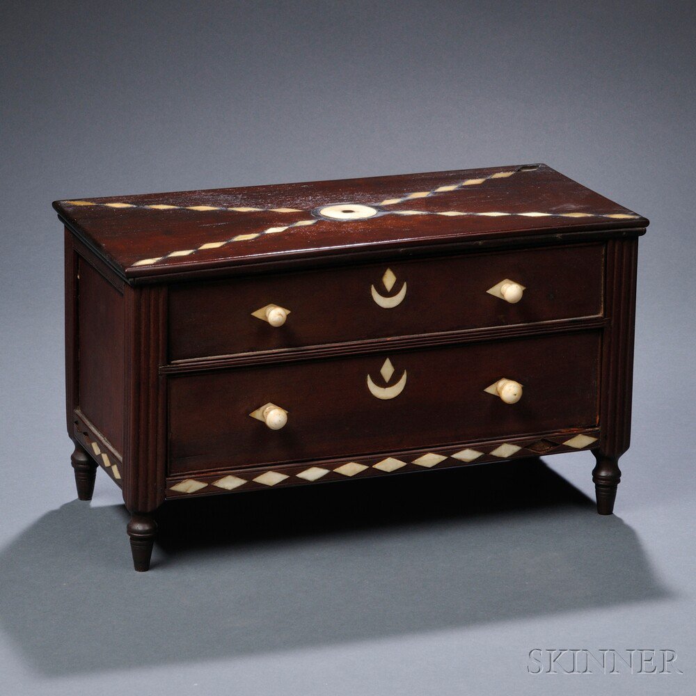 Appraisal: Sailor-made Whalebone Inlaid Mahogany Miniature Chest of Drawers attributed to