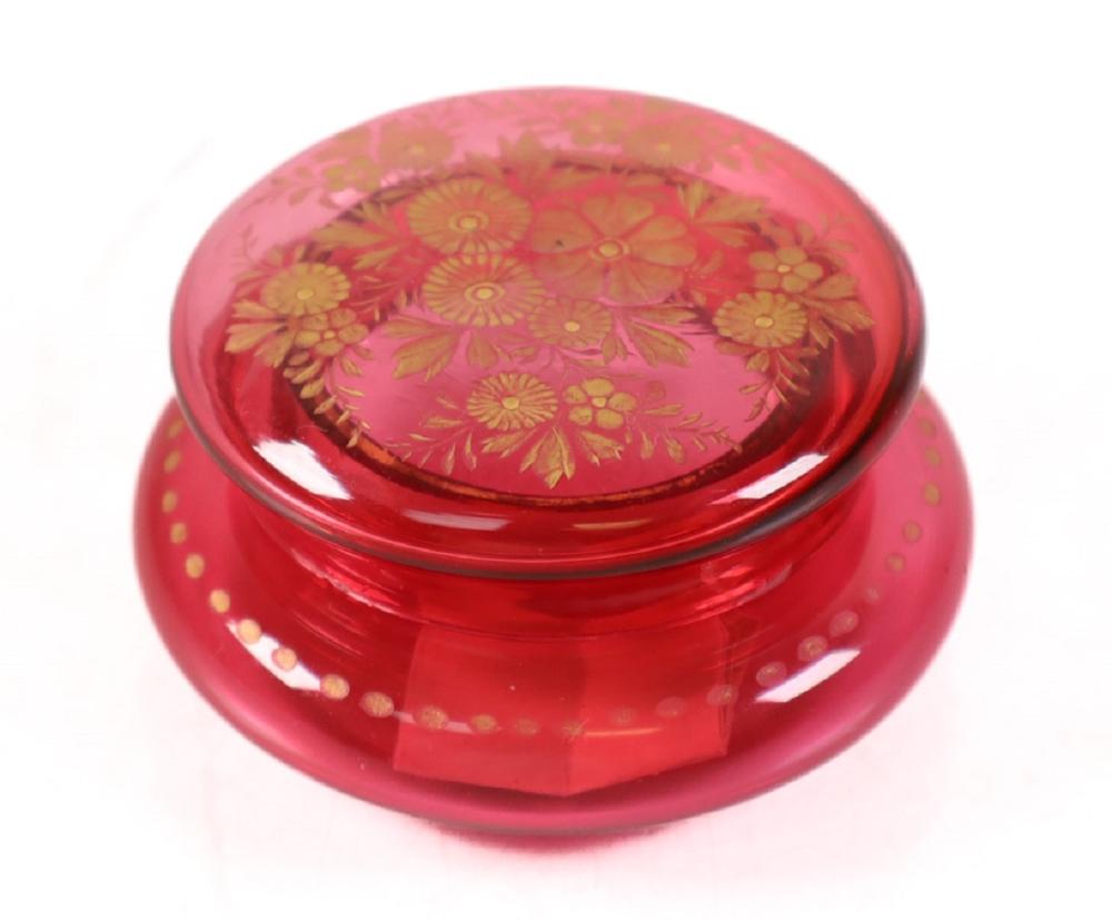 Appraisal: BOHEMIAN CRANBERRY GLASS ENAMEL CIRCULAR BOXManner of Moser Bohemian cranberry