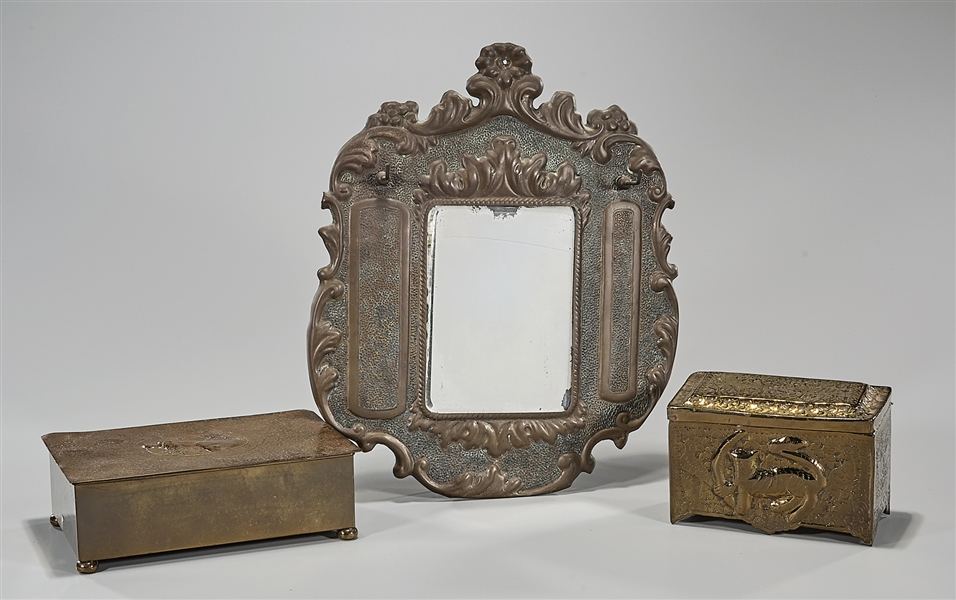 Appraisal: Group of three metalworks including a vintage repousse wall mirror