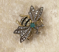 Appraisal: VICTORIAN DIAMOND AND EMERALD BEE PIN Delightful silver topped k