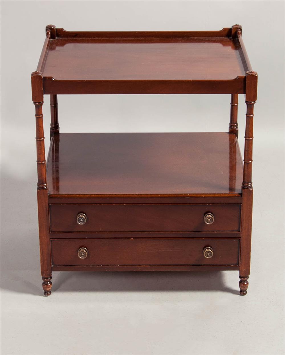 Appraisal: REGENCY STYLE MAHOGANY SIDE TABLE WITH SHELF AND TWO DRAWERS