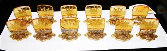 Appraisal: Smoky glass placecard holders early th century etched with figures