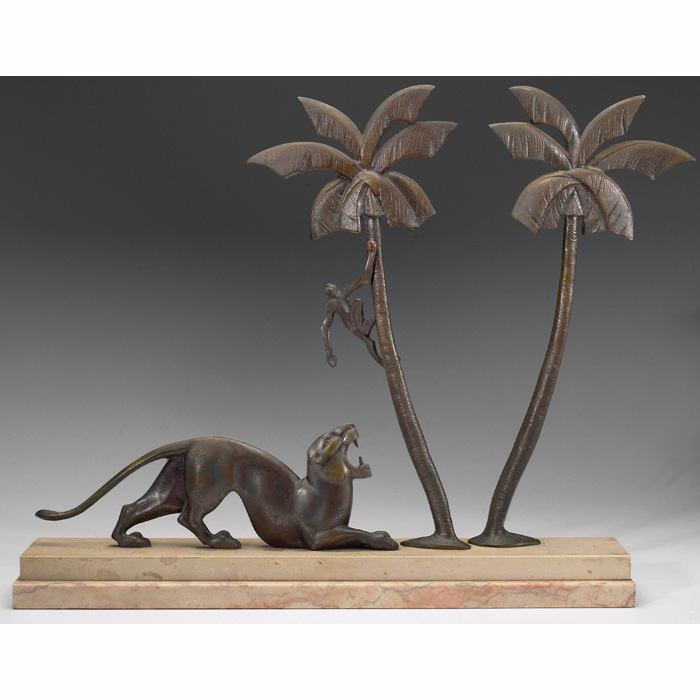 Appraisal: Art Nouveau sculpture bronzed metal depicting a jungle motif mounted