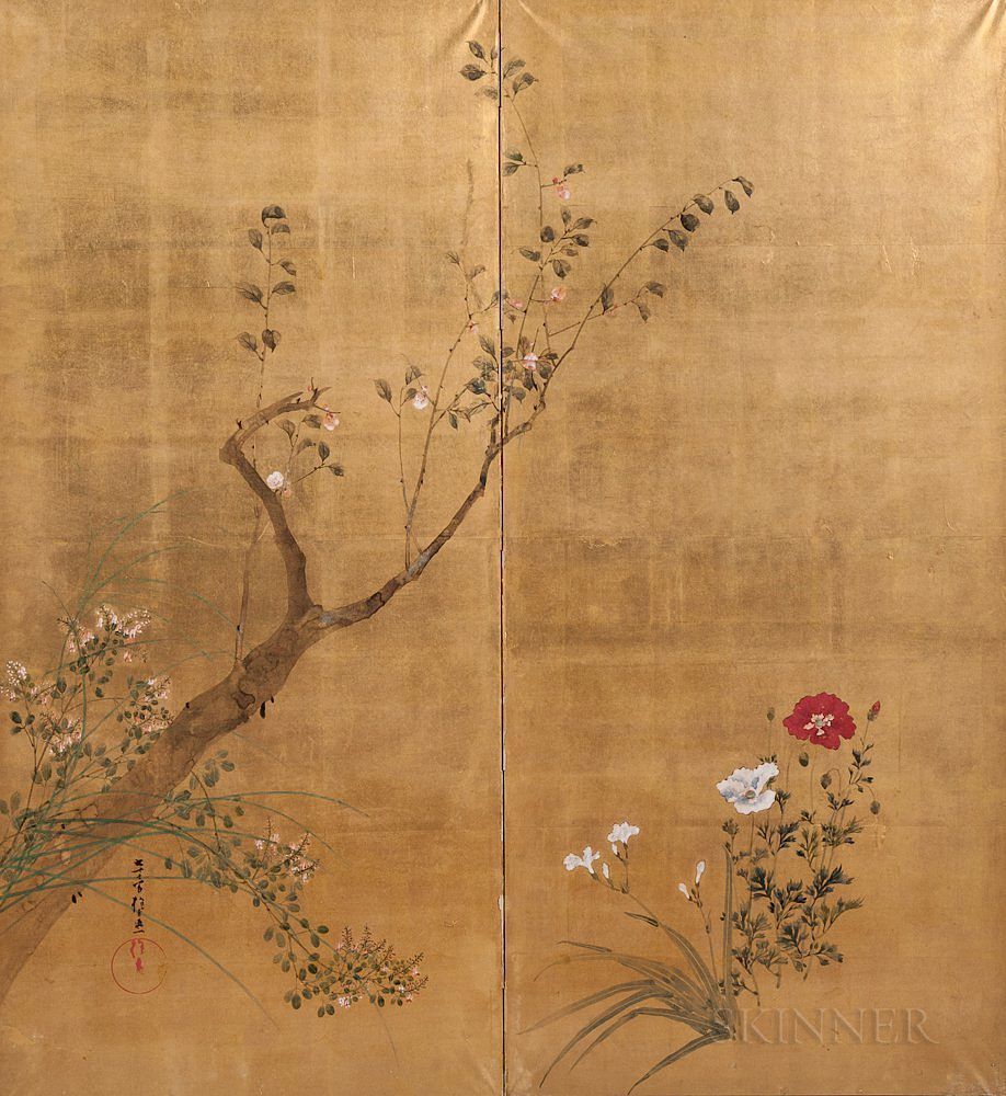 Appraisal: Two-panel Screen Painting Two-panel Screen Painting Japan Rimpa style depicting