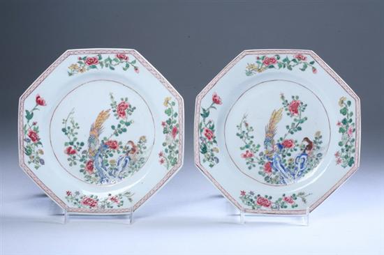 Appraisal: PAIR CHINESE FAMILLE ROSE OCTAGONAL PLATES Qianlong period Bird and