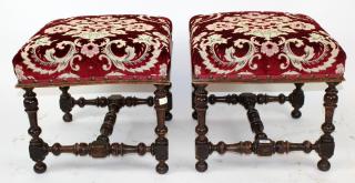 Appraisal: Pair of French walnut foot stools with upholstered seats Late