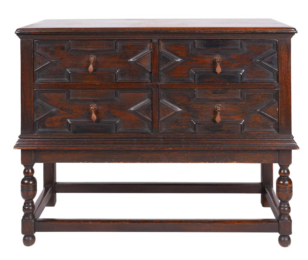 Appraisal: ANTIQUE ENGLISH BAROQUE-STYLE OAK CHEST ON STANDwith four geometrically molded