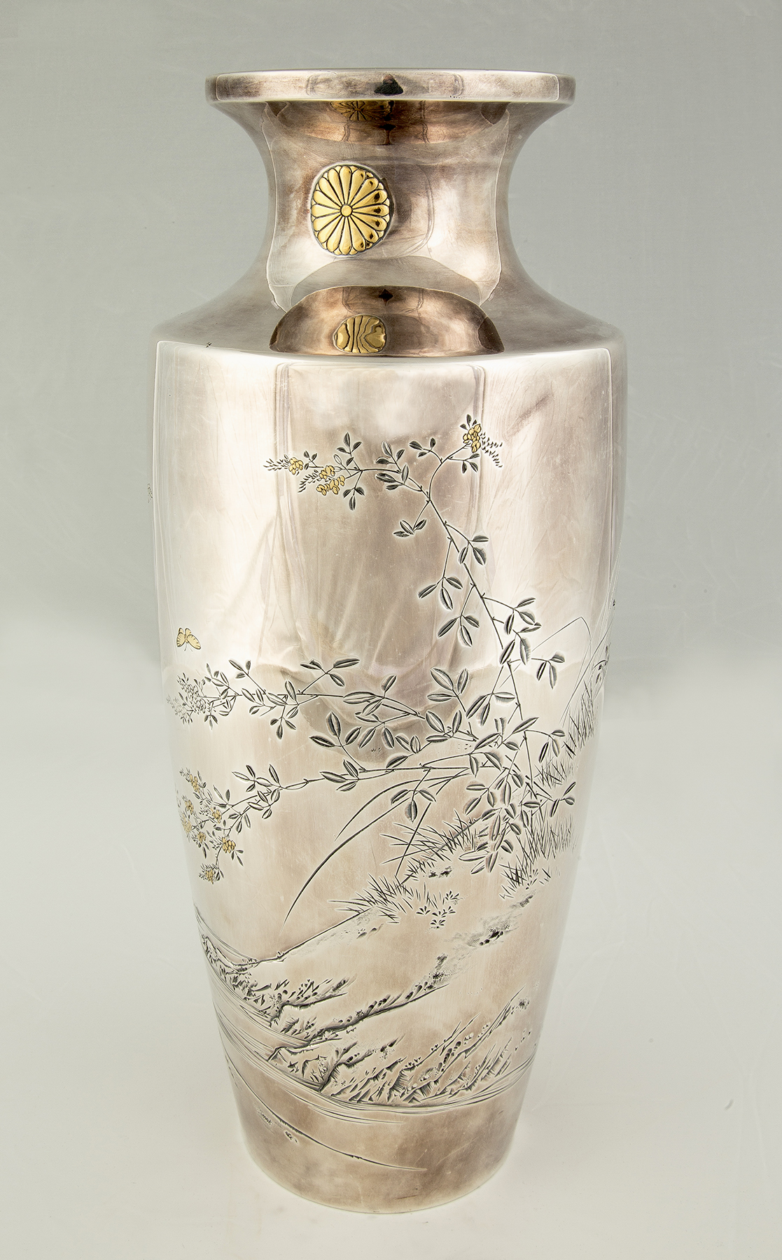 Appraisal: Japanese Sterling Silver and Mixed Metal Vase C Signed Engraved