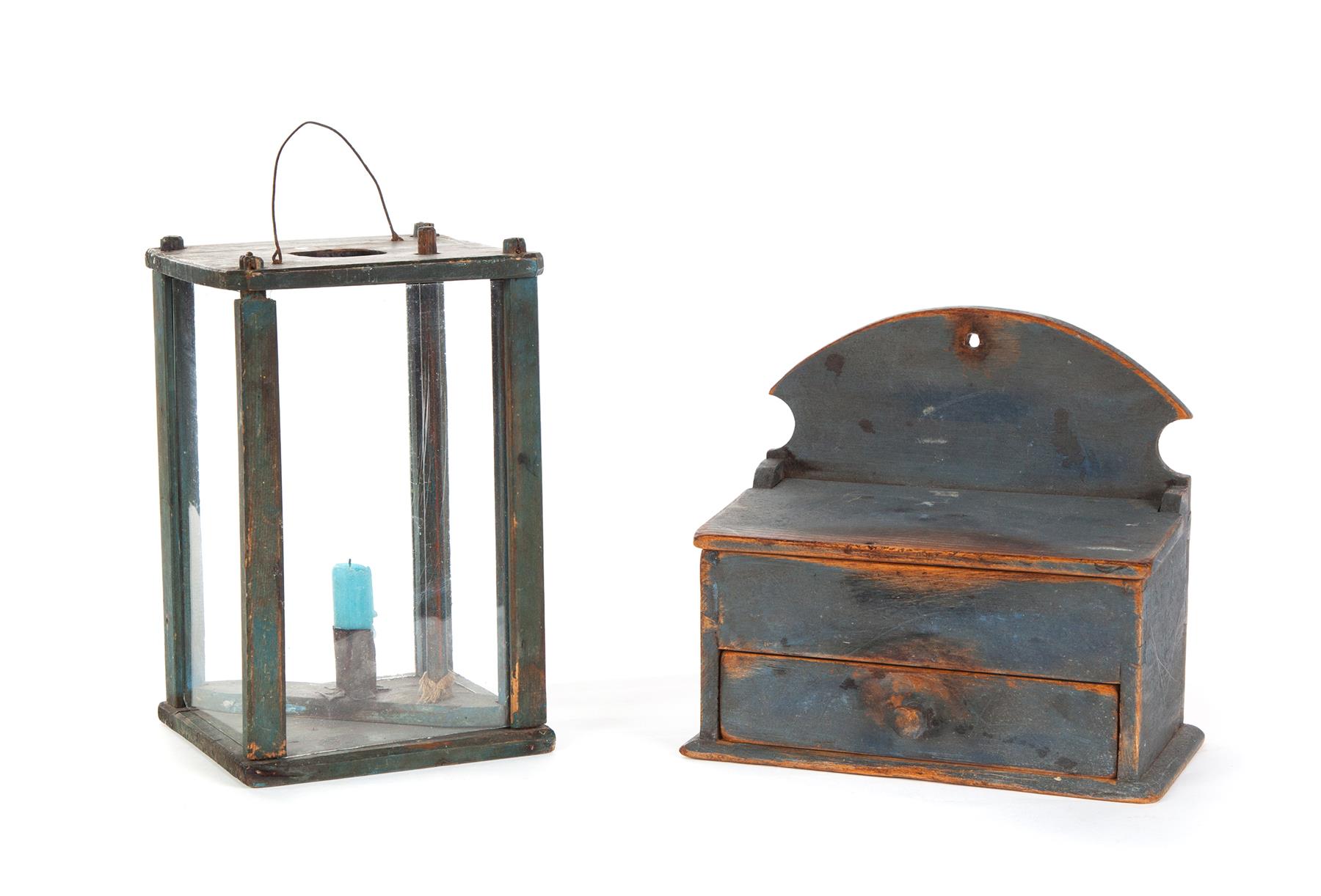 Appraisal: HANGING WALL BOX AND BARN LANTERN American and European mid