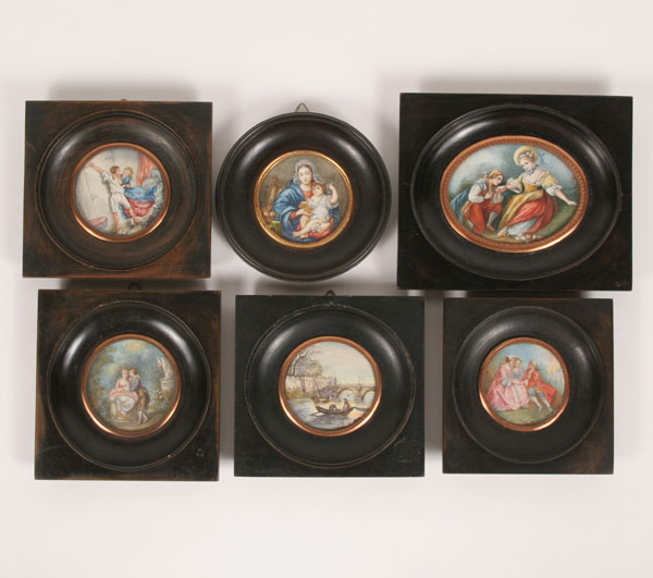 Appraisal: Six miniature paintings entitled Le Depart pour les Champs Conversation