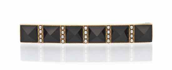 Appraisal: A Karat Yellow Gold Onyx and Seed Pearl Bar Brooch