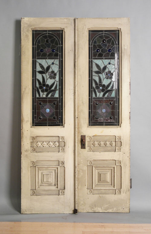 Appraisal: Pair of doors with stained glass panels ca h w