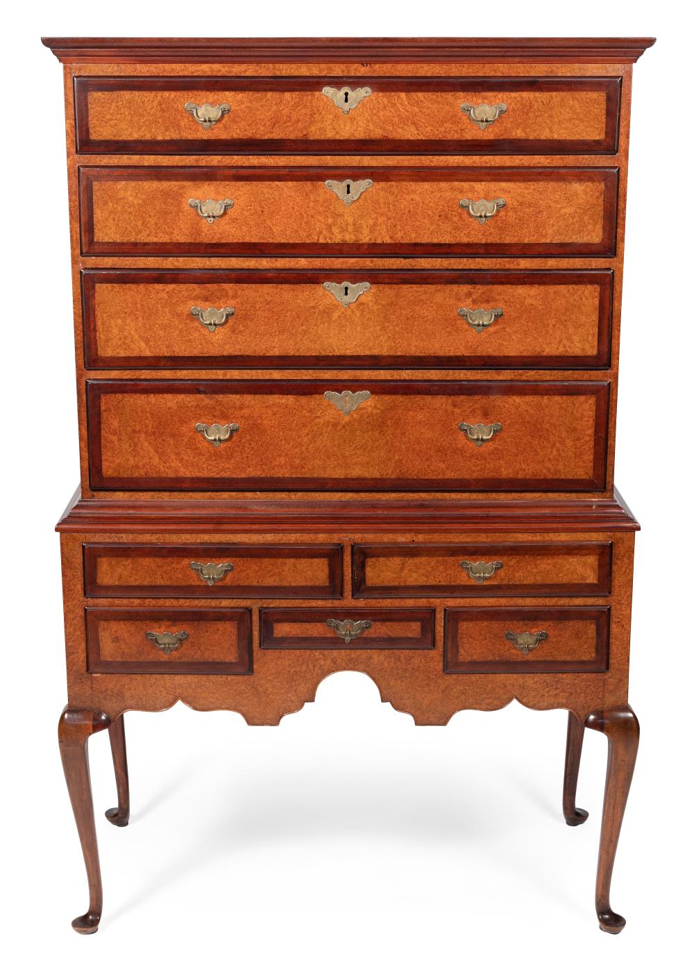 Appraisal: QUEEN ANNE HIGHBOY Mid- th Century In mahogany with burled