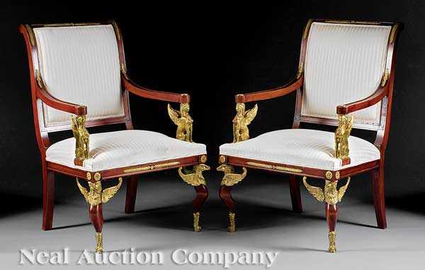 Appraisal: A Pair of Empire-Style Gilt Bronze-Mounted Fauteuils each of generous