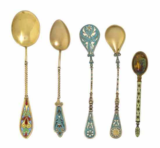 Appraisal: A Collection of Eleven Enameled Silver Spoons comprising five Norwegian